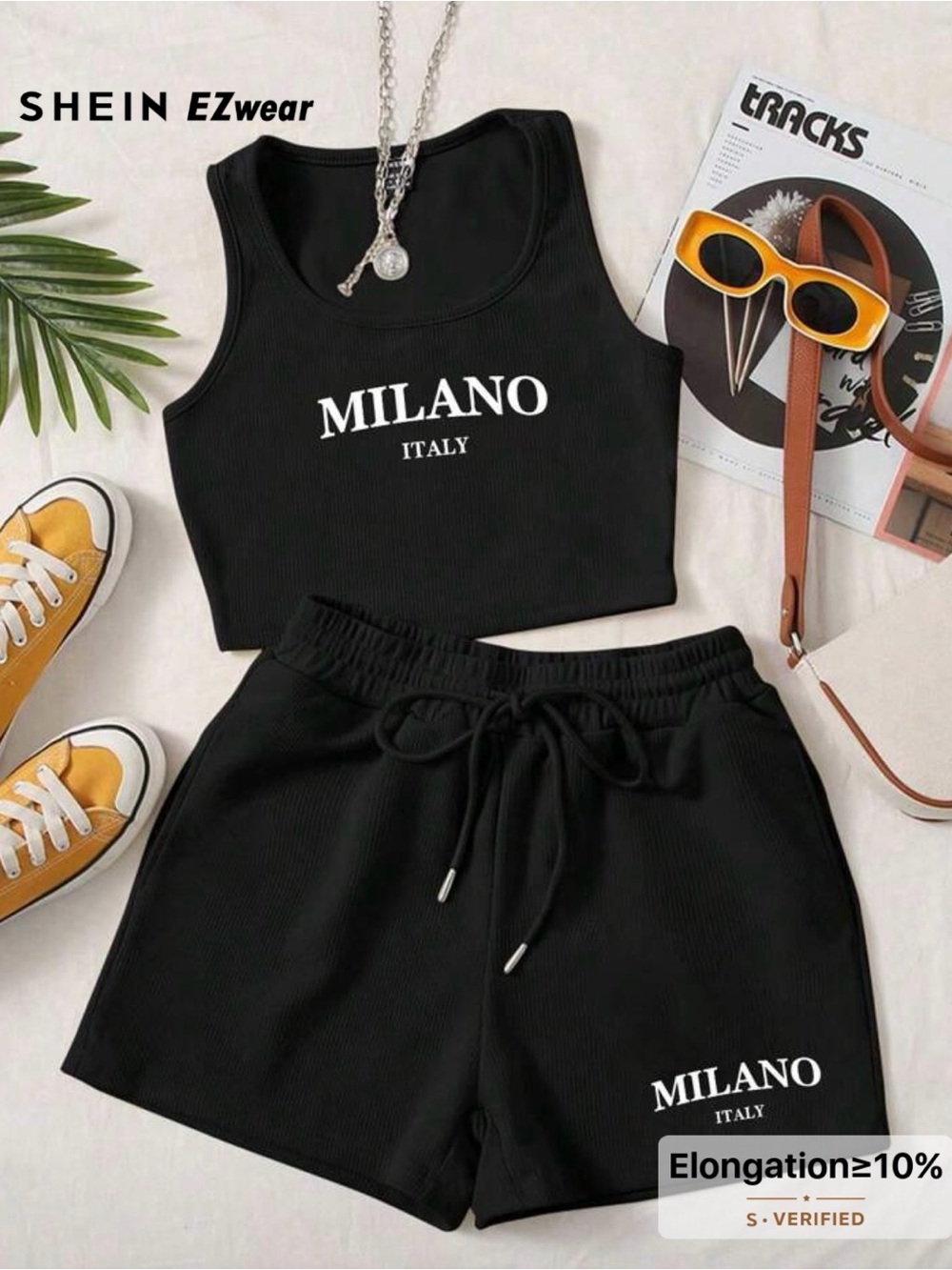 NEW SHEIN 2-Pce Milano Black Ribbed Drawstring Women's Shorts and Top Size XL
